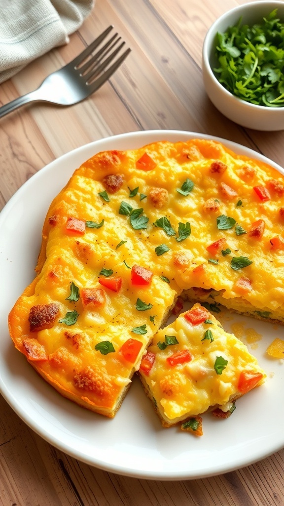 Cheesy Egg Casserole Recipe A slice of cheesy egg casserole with vegetables on a plate, garnished with herbs, on a rustic table.
